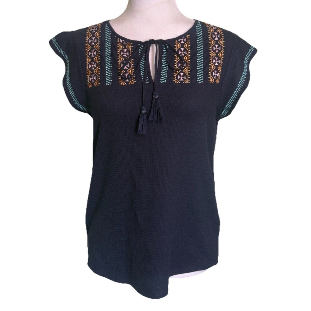 Women Boho Embroidered Peasant Top Tassel Tie Textured Festival Blouse Size Sm